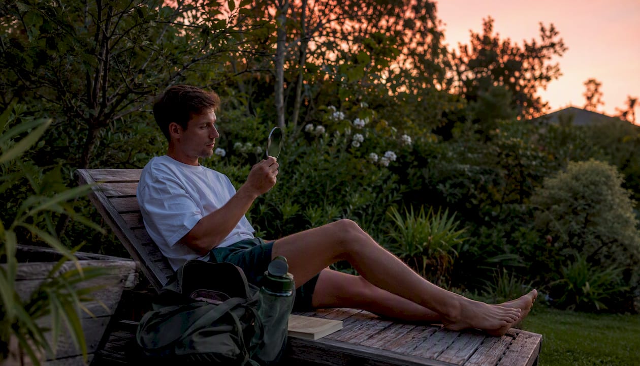 Ein junger Mann sitzt im Park und hält eine Flasche CBD-Öl in der Hand.