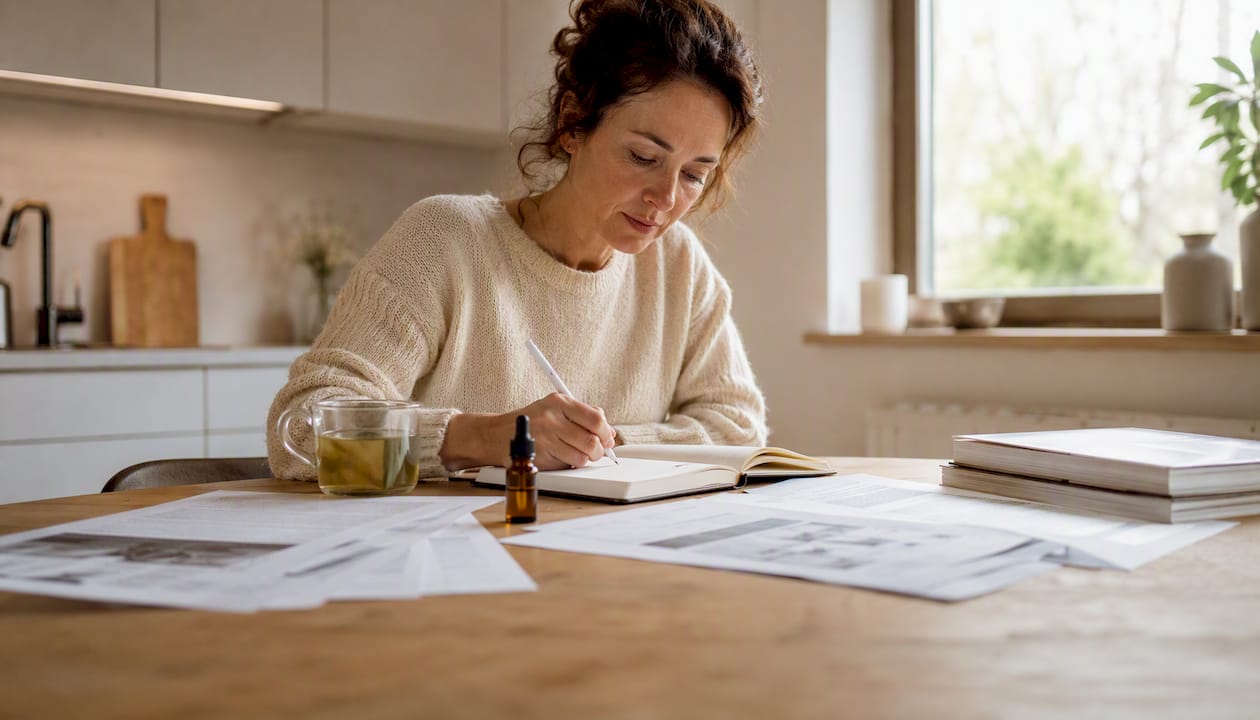 Eine Frau informiert sich gründlich über aktuelle Studien zum Thema CBD und Schlaf.