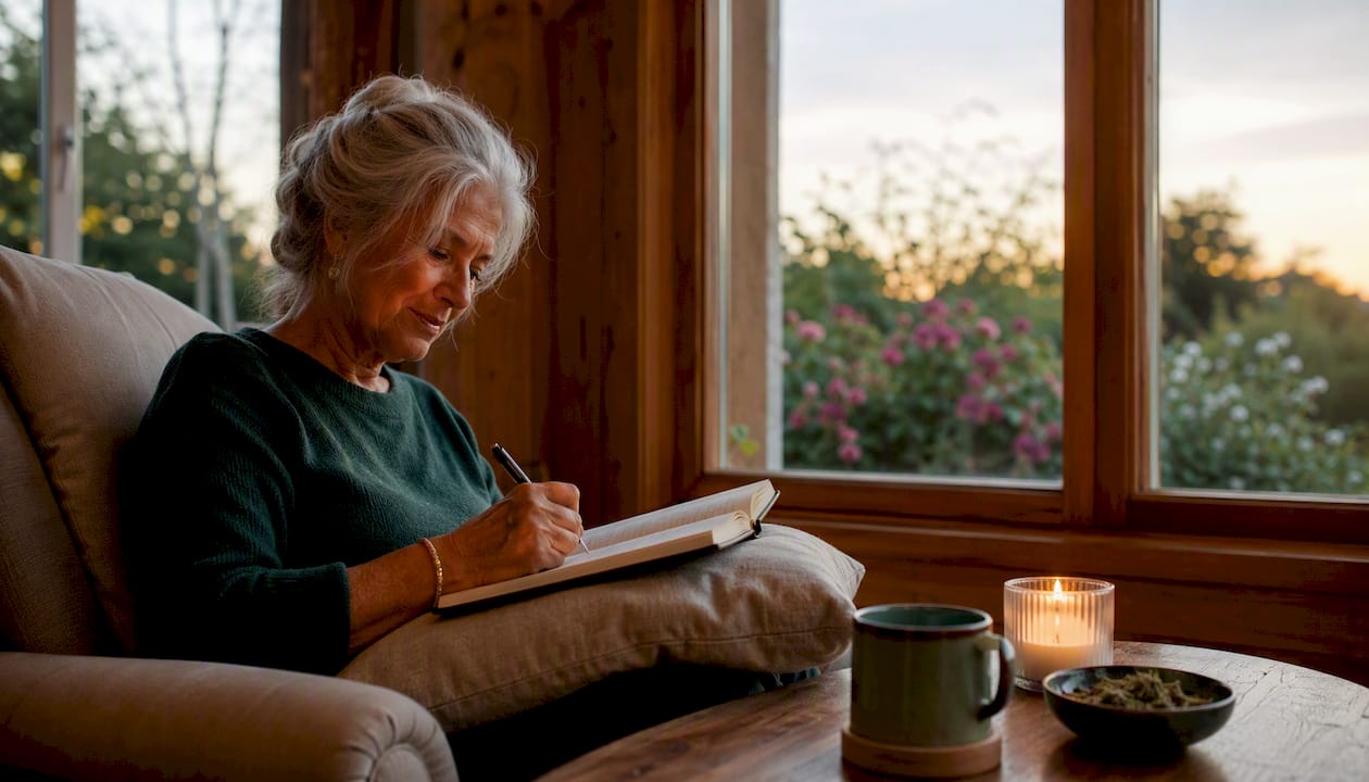 Eine Frau führt auf ihrem Balkon ein Schlaftagebuch.