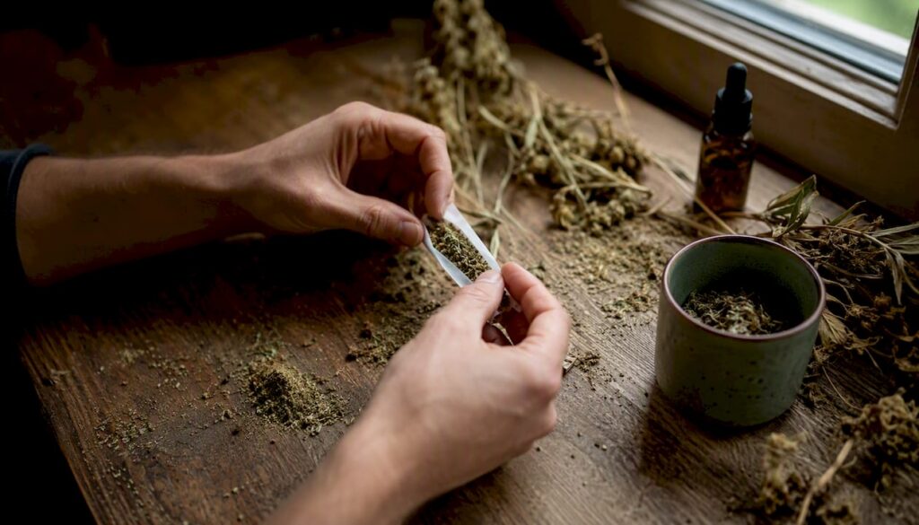 Ein Paar Hände dreht einen Joint mit einer CBD-Kräutermischung.