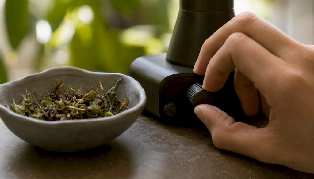 Nahaufnahme: Eine Hand stellt die Temperatur eines Vaporizers ein.