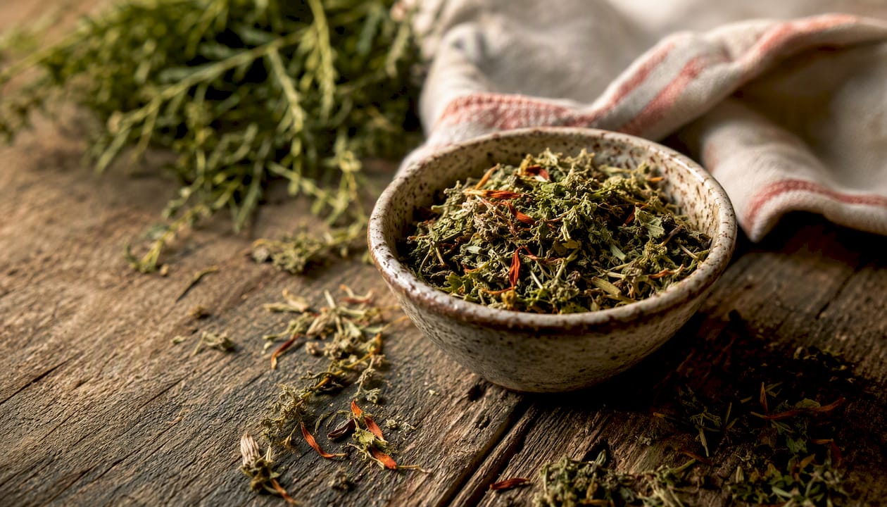 Auf einem Holztisch steht eine Keramikschale, gefüllt mit einer Kräutermischung mit CBD.