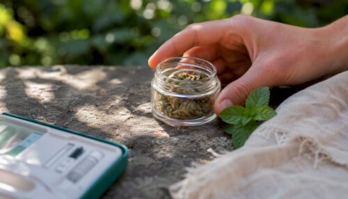 Eine Hand legt CBD-Blüten neben ein Drogentest-Set.