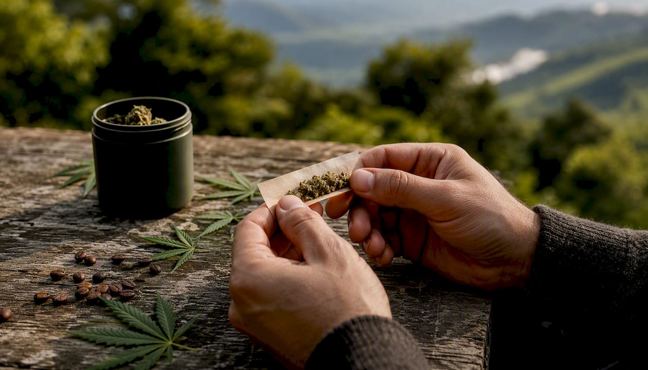 Zwischen einer dampfenden Kaffeetasse drehen Hände entspannt einen CBD-Joint.