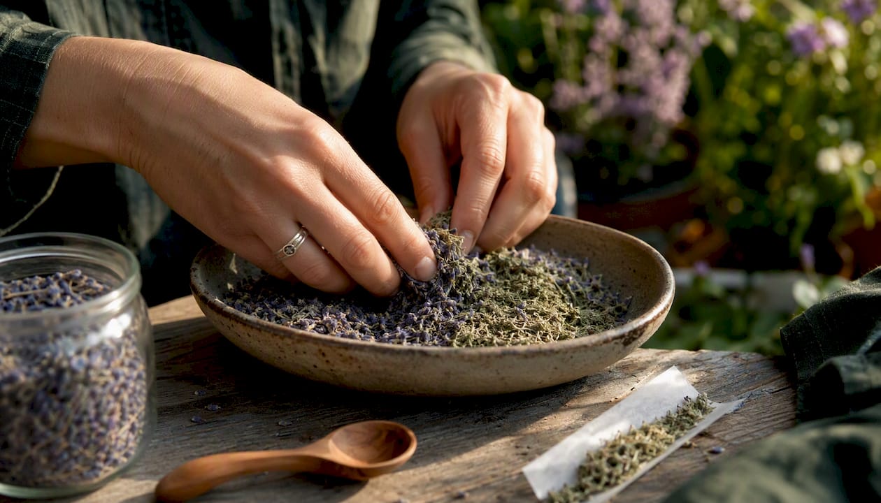 Mit den Händen werden Lavendel und Hanf auf einem Holztisch vermischt.