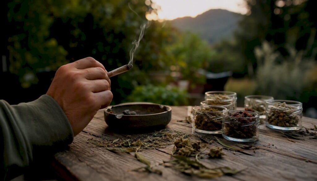Eine Hand hält einen bereits angezündeten CBD-Joint.