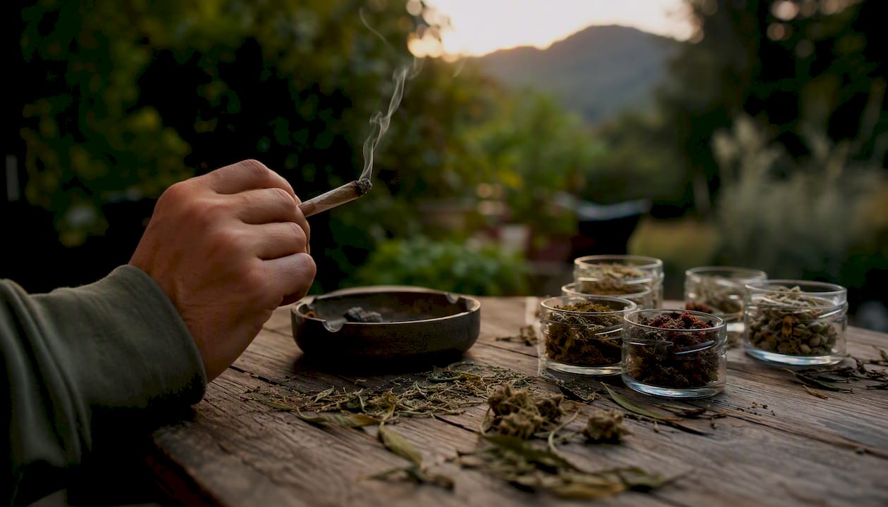 Eine Hand hält einen bereits angezündeten CBD-Joint.