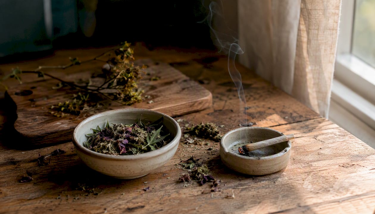 Herbal cigarette and hemp mixture on wooden table
