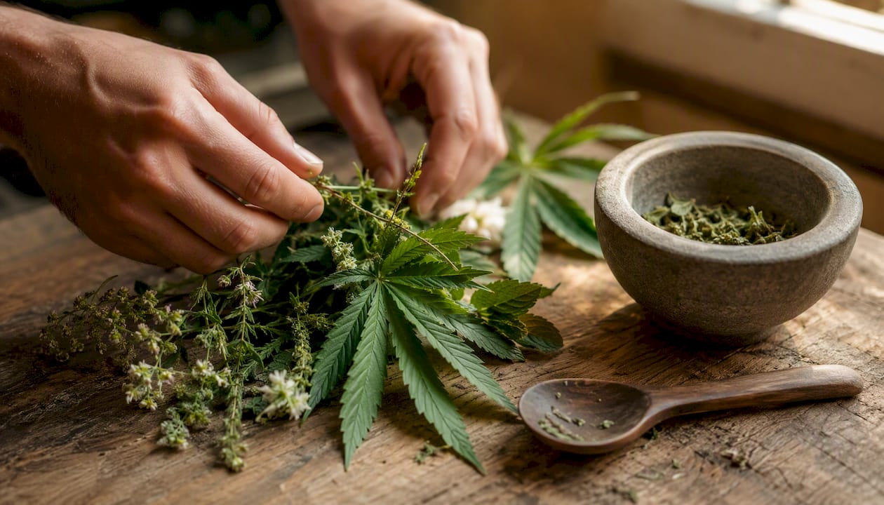 Vollspektrum-CBD-Extrakt und ausgewählte Kräuter stilvoll auf einer Steinschale arrangiert.