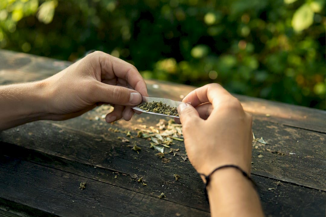 Mit geschickten Händen wird auf einem Holztisch ein Joint aus Hanf gedreht.