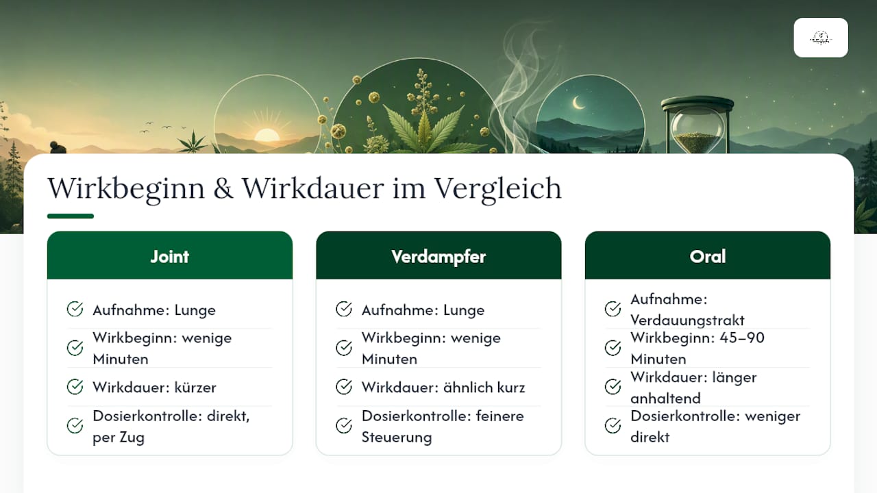 Vergleichsdiagramm zu Wirkungseintritt und Wirkungsdauer verschiedener CBD-Konsumarten