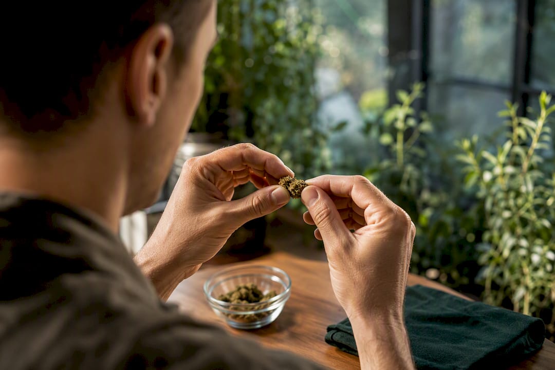 Finger ertasten das Aroma einer Hanfblüte