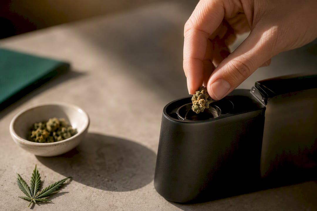Hand füllt Kräuter in einen Vaporizer als Alternative zum Joint ohne Tabak