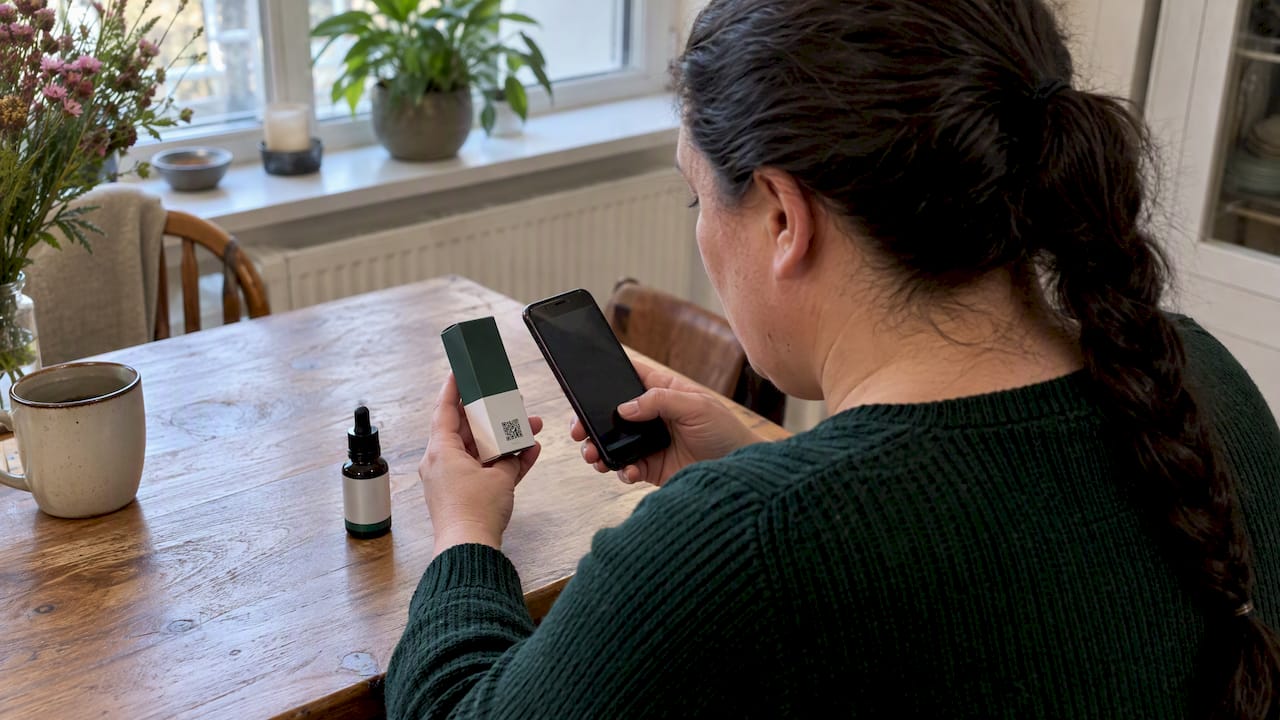 Käuferin scannt den QR-Code auf der CBD-Verpackung