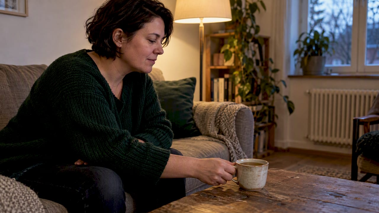 Eine Frau trinkt abends eine Tasse Kräutertee.