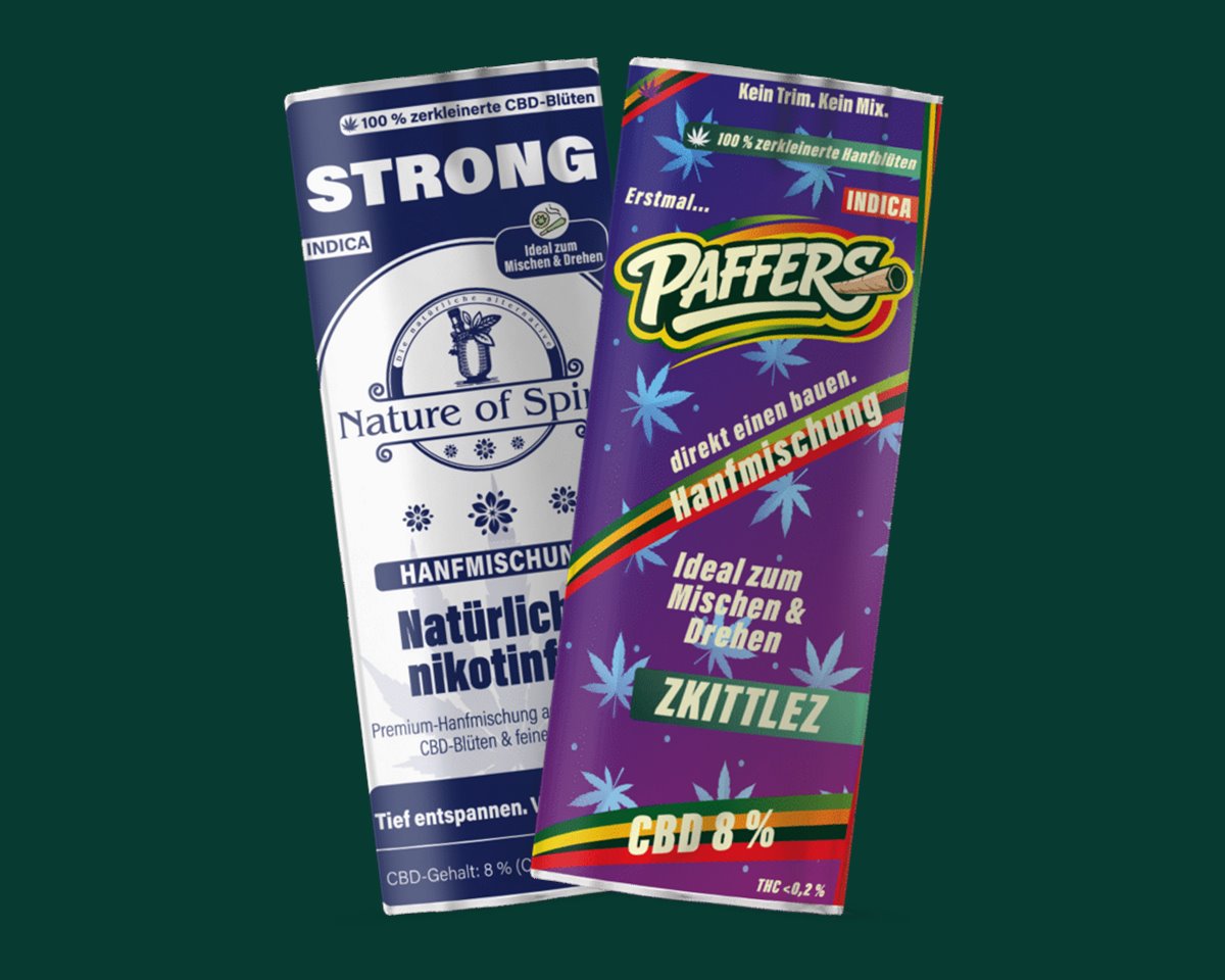 Starke CBD-Hanfmischungen: Strong 8 % und Zkittlez 8 %, je 25 g