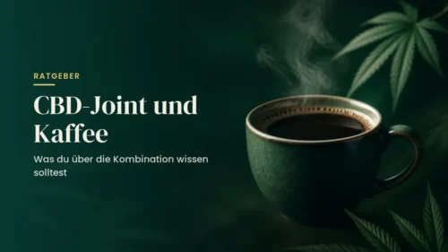 CBD-Joint und Kaffee: Kaffeetasse vor dunkelgrünem Hintergrund mit Hanfblättern