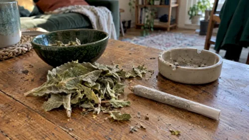 Getrocknete Königskerze neben einem ungebrannten Kräuter-Joint