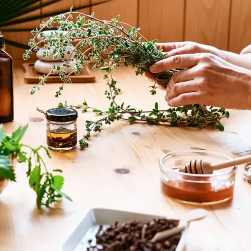 Woman prepares aromatherapy session at the table with essential oil diffuser medical herbs, different types of oils and essences. Aromatherapy and alternative medicine concept. Natural remedies.